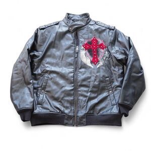 Raw Blue Vintage Y2K "Royal Dignity- Cross" Faux Leather Bomber Jacket Men's XL